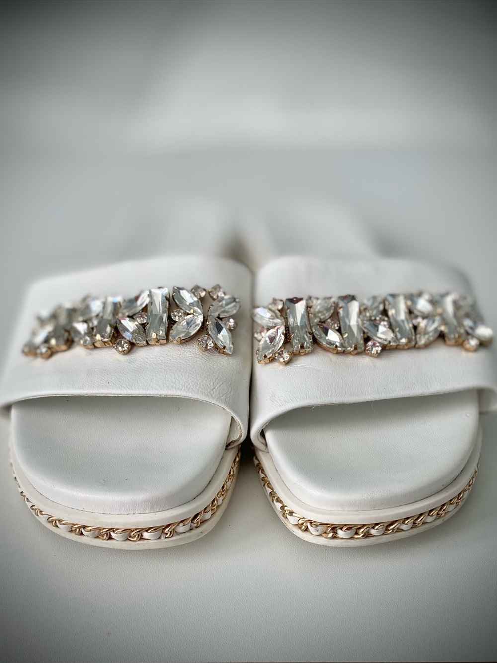 Karl Lagerfeld White Slide Leather Mules with Crystal Embellishment